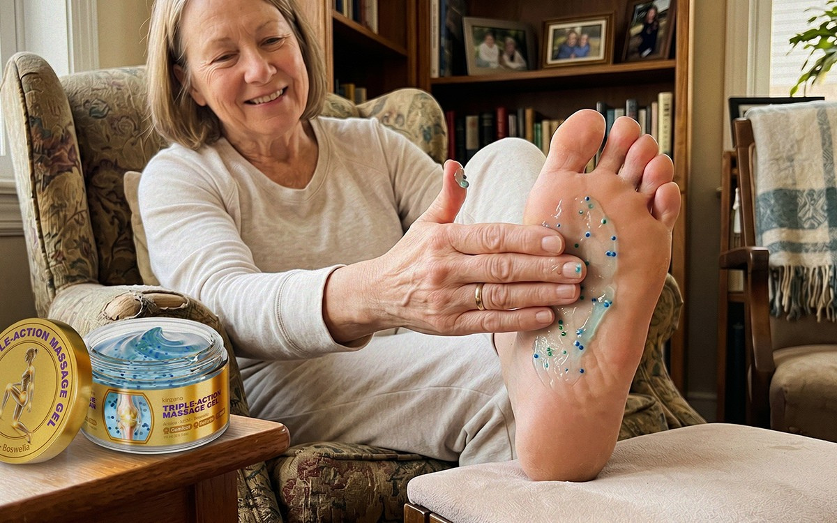 Relaxed older woman with relaxed pain-free feet after applying Kinzeno gel